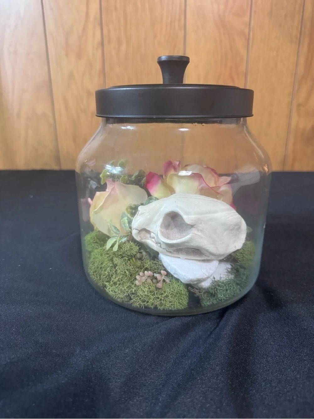 Black Lid Glass Terrarium Jar with Floral and Moss Display